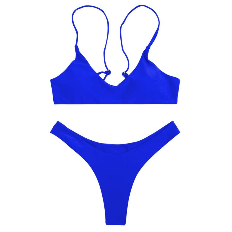 SherryDC Women's Solid Scoop Neck Push Up Padded Brazilian Thong Bikini Swimsuit,Dark Blue,(US 8-10) L - Image 2